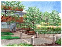 This sketch illustrates the CSL main entrance as an engaging community space, complete with benches for guest seating, a boardwalk and terraced garden paths. - Photo Credit: Andropogon Associates/The Design Alliance Architects