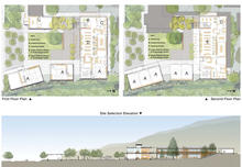 West facing main entry with sunshades and floor plans. - Photo Credit: EHDD