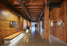 The reclaimed timber creates a warm and sustainable environment that reflects and repurposes the historic context of the site. - Photo Credit: Benjamin Benschneider