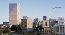 North view of Bud Clark Commons, looking downtown from Portland's central train station. - Photo Credit: Sally Schoolmaster