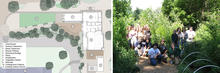 Site Usage Diagram (left), students maintain a low-water, native vegetation garden (right) - Photo Credit: Opsis Architecture