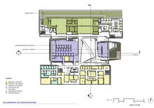 The fourth floor plan of the building gives an example of how the building program is carefully located in the different building massings, enhancing the intermingling of students, faculty and researchers across different institutions. The research lab benches are aggregated together, with their more solid support spaces located between clusters, allowing for flexibility of use over time and maximizing daylighting. - Photo Credit: SERA Architects