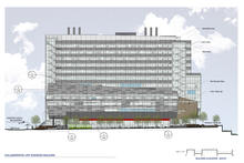 The south elevation shows the “south bar” in relation to the “north tower.” The band of darker grey above the red is a perforated metal “skirt” that provides sun screening in the summer months to the large expanse of glazing at the retail area on the ground floor. - Photo Credit: SERA Architects