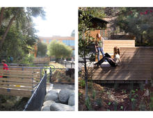 Bridges with benches cross bioswale have become student hangouts. - Photo Credit: EHDD and Michael David Rose