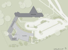 The 4.4 acre site, as seen in this computer rendering of the site plan, includes the original historic Frank Lloyd Wright-designed Meeting House and two later additions by Taliesen Architects. - Photo Credit: The Kubala Washatko Architects, Inc.