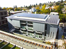 South elevation from Soda Hall: The south façade opens to the sun to maximize solar and daylighting benefits while connecting to outdoor courtyards, terraces and University beyond. Integrated sunshades manage internal loads, reflect daylight into the studios, and maintain maximum visual transparency. - Photo Credit: LMS Architects