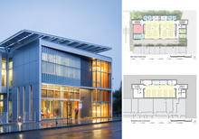 East entry façade / floorplans (basement and L1): The building attracts students well into the evening, accommodating over 30 student clubs. The compact floorplan minimizes circulation and service space while optimizing flexible teaching spaces. - Photo Credit: LMS Architects