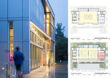 East entry detail / floorplans (L2 and L3): The third floor studio doubles as a flexible presentation space for lectures, presentations and poster sessions. - Photo Credit: LMS Architects